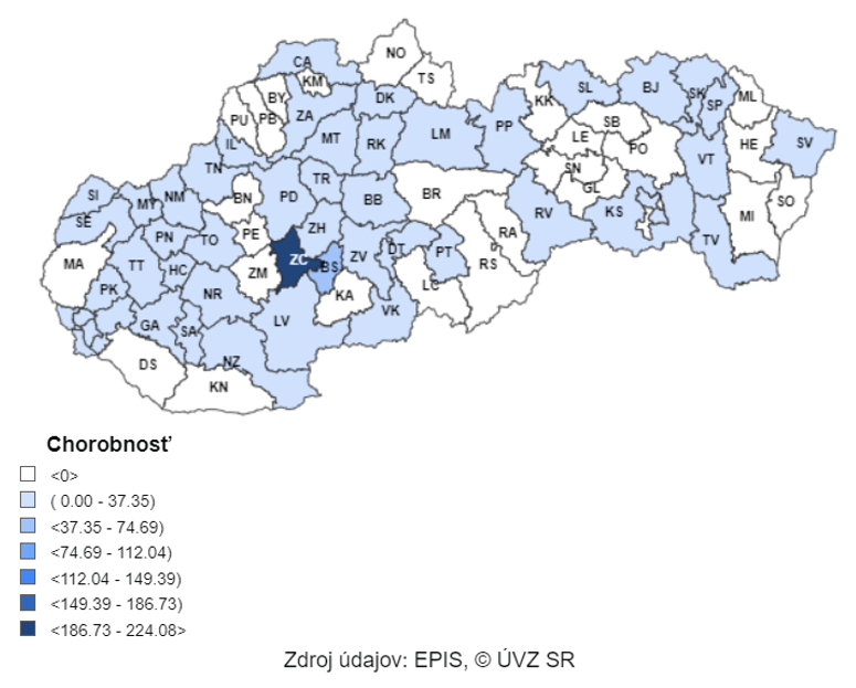 7 – dňová incidencia (od 4. 11. 2024 do 10. 11. 2024) potvrdených prípadov COVID 19