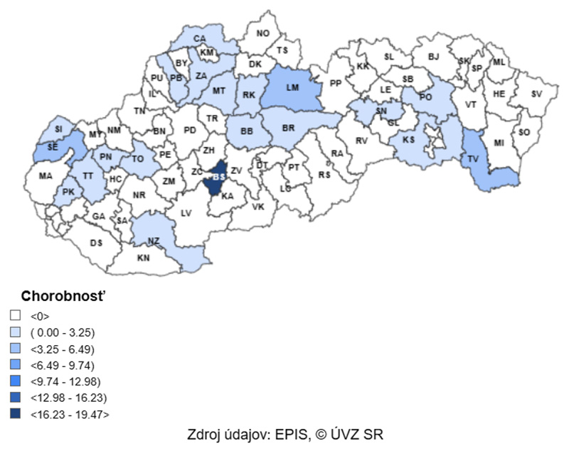 Mapa: 7 – dňová incidencia (od 6. 1. 2025 do 12. 1. 2025) potvrdených prípadov COVID 19