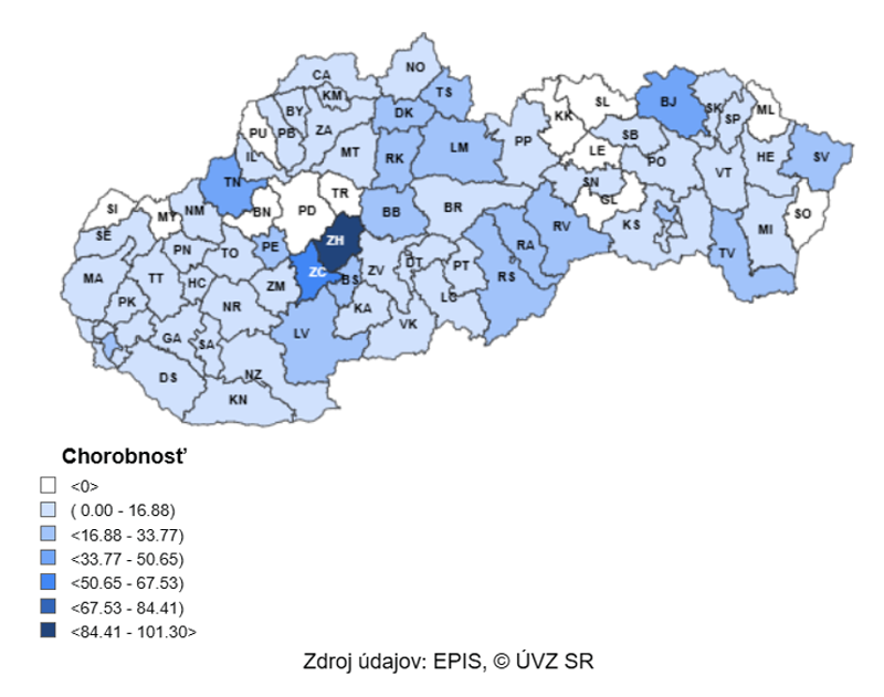 Mapa: 7 – dňová incidencia (od 21. 10. 2024 do 27. 10. 2024) potvrdených prípadov COVID 19