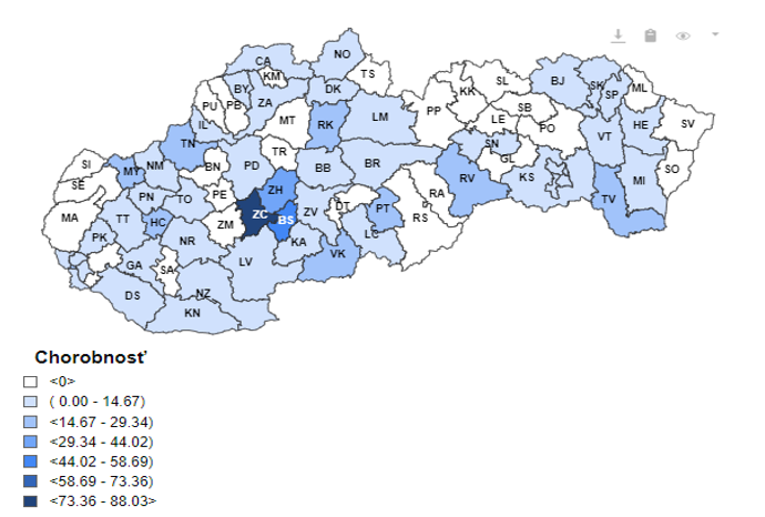 7 – dňová incidencia (od 28. 10. 2024 do 3. 11. 2024) potvrdených prípadov COVID 19