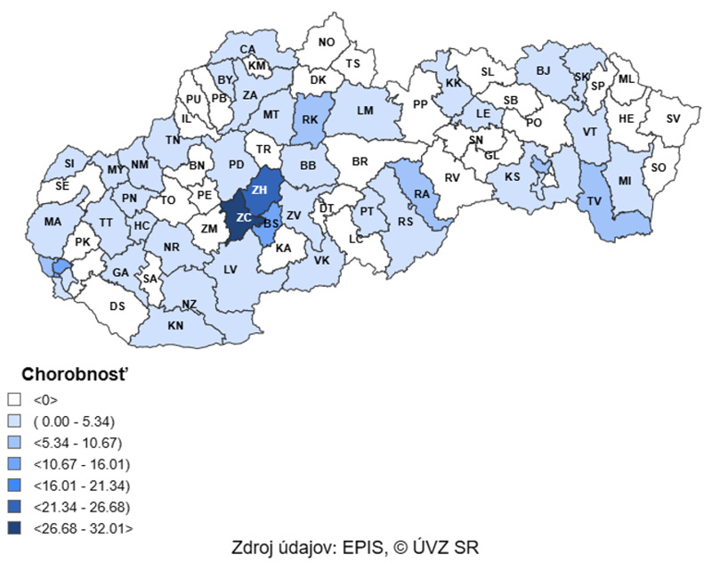 Mapa: 7 – dňová incidencia (od 25. 11. 2024 do 1. 12. 2024) potvrdených prípadov COVID 19