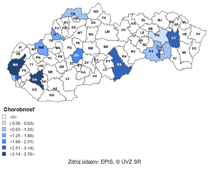 Mapa: 7 – dňová incidencia (od 3. 2. 2025 do 9. 2. 2025) potvrdených prípadov COVID-19