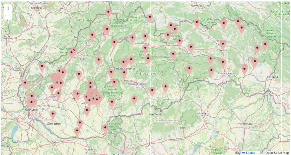 Obrázok č. 1    Rozmiestnenie monitorovacích miest siete včasného varovania na území Slovenskej republiky (zdroj: Informačný systém ÚVZ SR)