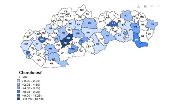 Mapa: 7 – dňová incidencia (od 9. 12. 2024 do 15. 12. 2024) potvrdených prípadov COVID 19 v SR podľa okresov (chorobnosť na 100 000)