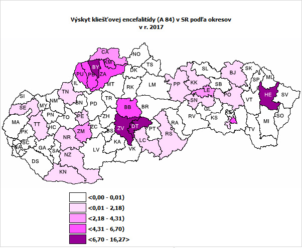 Výskyt kliešťovej encefalitídy podľa okresov