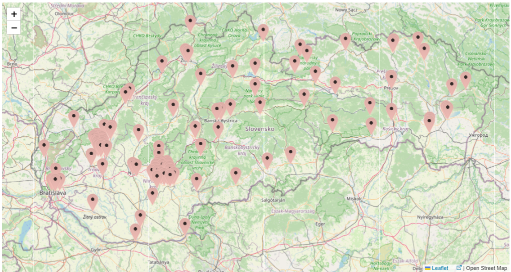 Obrázok č. 1 -  Rozmiestnenie monitorovacích miest siete včasného varovania na území Slovenskej republiky (zdroj: Informačný systém ÚVZ SR)