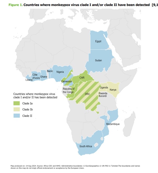 Mapa výskytu mpox v afrických štátoch