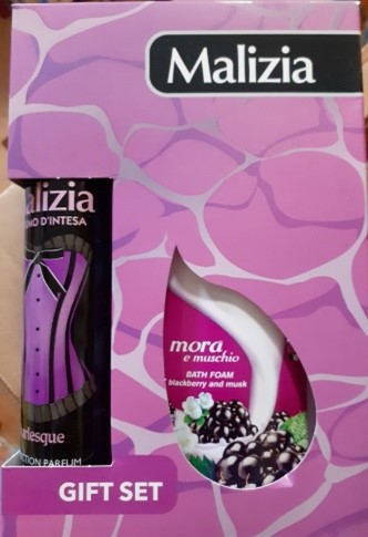 Malizia - gift set for women („Burlesque“ perfumed body spray + „mora e muschio“ bath foam) – kozmetická súprava